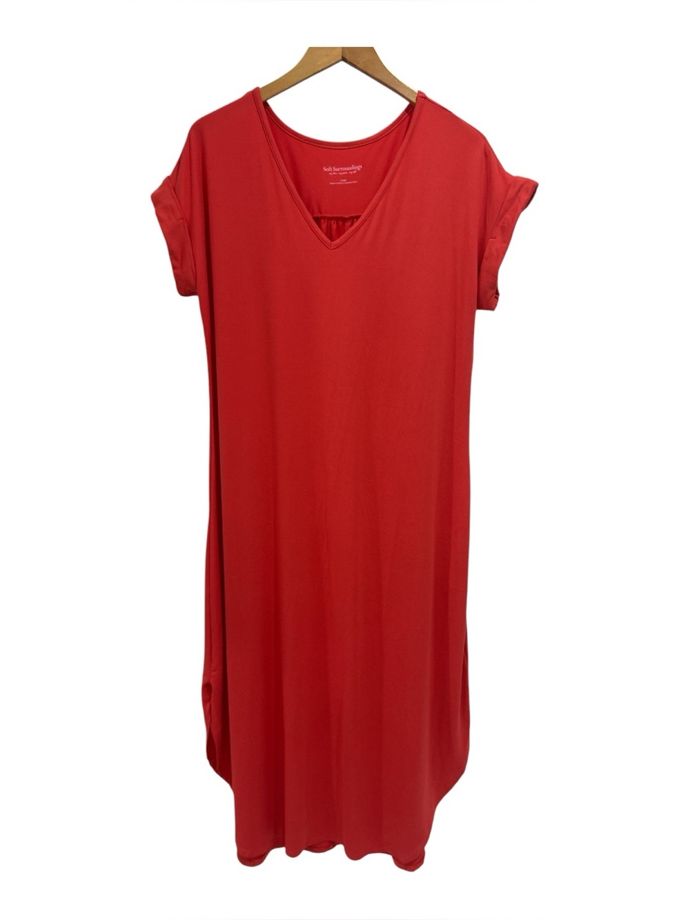 NWT Soft Surroundings So Easy Knit V-Neck Midi T-Shirt Dress in Coral Chic - L